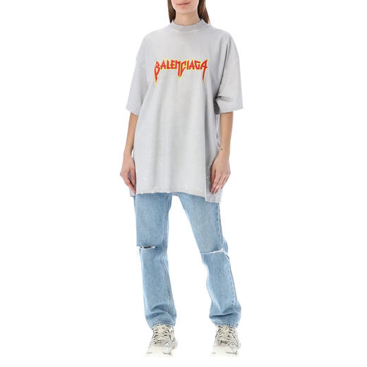 BALENCIAGA 巴黎世家 女士棉质字母徽标印花复古针织大廓形金属圆领短袖T恤 浅灰色 694576 TMV88 0901 商品图3