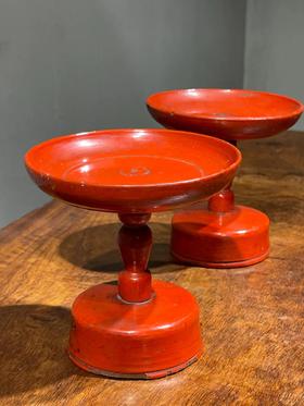木胎红漆高足佛前供盘一对，顺丰包邮