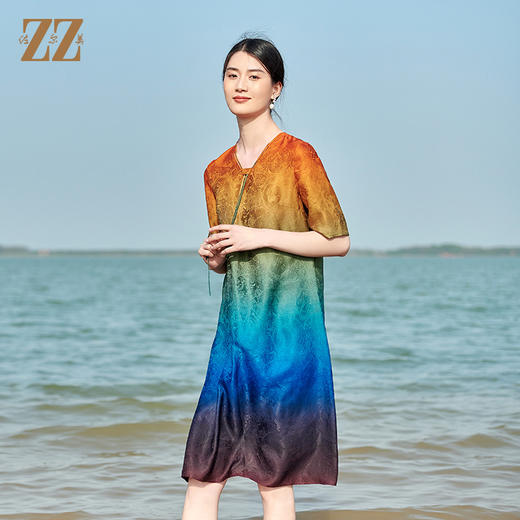 佐尔美2022夏季新款 红云纱香云纱桑蚕丝渐变花罗连衣裙女E22LS82 商品图4