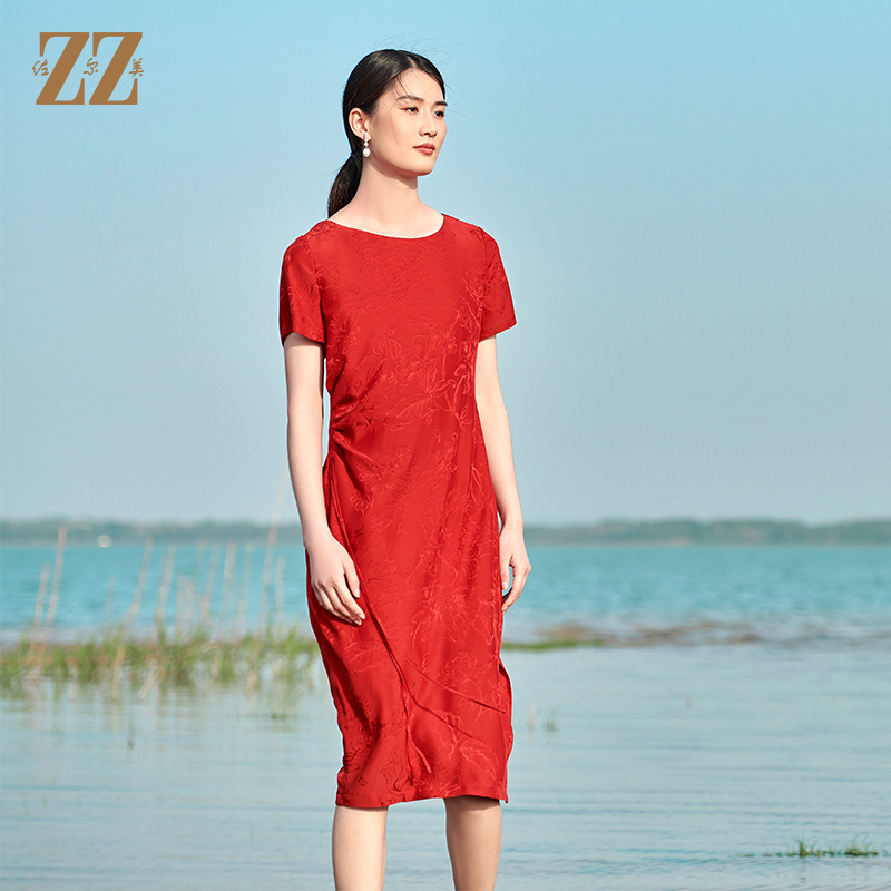 佐尔美2022夏季新款 桑蚕丝真丝提花桑波缎连衣裙女E22LS83