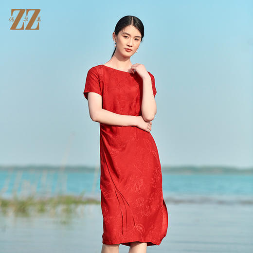 佐尔美2022夏季新款 桑蚕丝真丝提花桑波缎连衣裙女E22LS83 商品图3