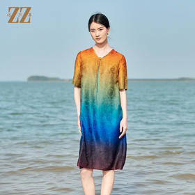 佐尔美2022夏季新款 红云纱香云纱桑蚕丝渐变花罗连衣裙女E22LS82