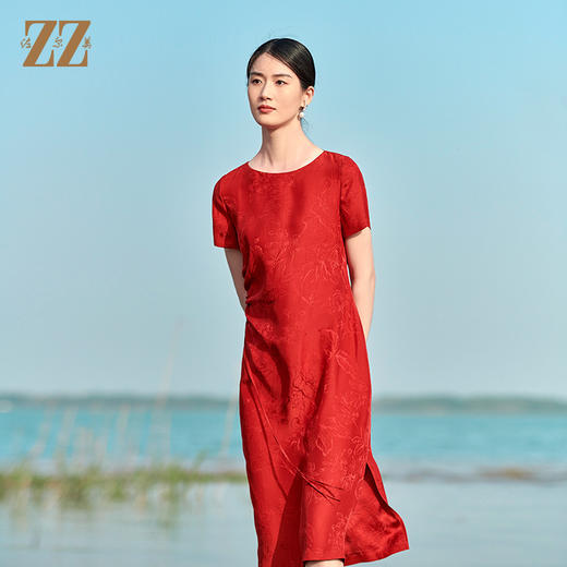 佐尔美2022夏季新款 桑蚕丝真丝提花桑波缎连衣裙女E22LS83 商品图2
