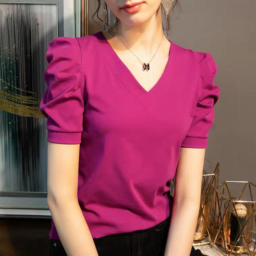 泡泡袖短袖t恤女夏季2022设计感白色薄款显瘦体恤纯棉上衣 YYM8570 商品图3