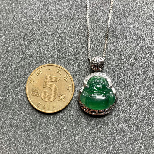 高冰种湖水绿翡翠弥勒佛18k白金钻石镶嵌 商品图5