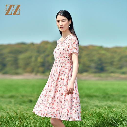 佐尔美2022夏季新款 桑蚕丝真丝乔其小碎花甜美连衣裙女E22LS52 商品图1