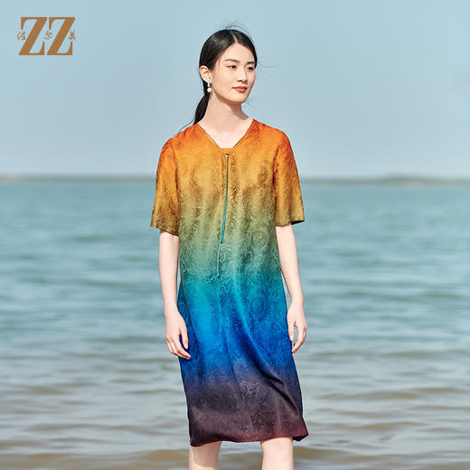 佐尔美2022夏季新款 红云纱香云纱桑蚕丝渐变花罗连衣裙女E22LS82 商品图3