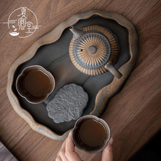 鎏金粗陶茶盘禅意干泡茶台小号双人用茶海复古风茶具托盘家用 商品图3