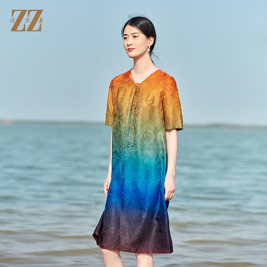 佐尔美2022夏季新款 红云纱香云纱桑蚕丝渐变花罗连衣裙女E22LS82 商品图2