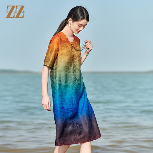 佐尔美2022夏季新款 红云纱香云纱桑蚕丝渐变花罗连衣裙女E22LS82 商品图1