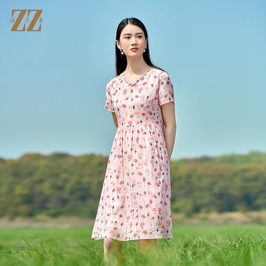 佐尔美2022夏季新款 桑蚕丝真丝乔其小碎花甜美连衣裙女E22LS52 商品图3