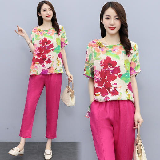 棉麻套装显瘦夏装印花洋气休闲短袖小脚裤两件套 XX2726 商品图3