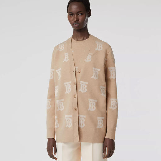 BURBERRY 巴宝莉 女士 Monogram TB专属标识羊毛真丝混纺大廓形针织开衫 卡其色 8052407 A1381 商品图1