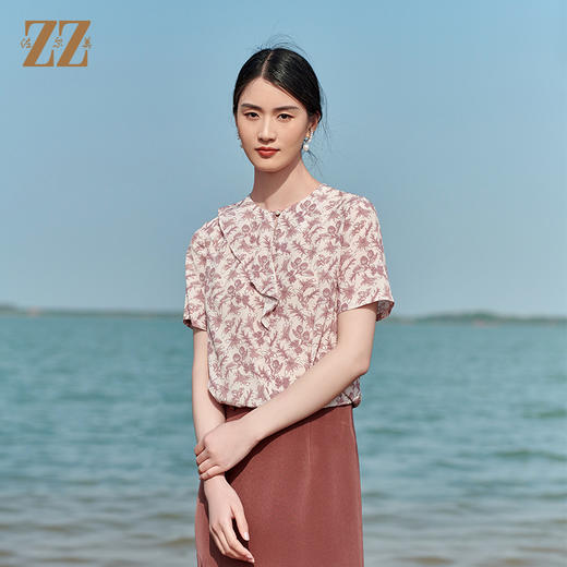 佐尔美2022夏季新款 桑蚕丝真丝弹力双绉小碎花衬衣女E22CS88 商品图0