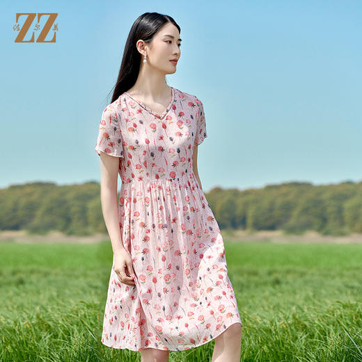 佐尔美2022夏季新款 桑蚕丝真丝乔其小碎花甜美连衣裙女E22LS52 商品图2