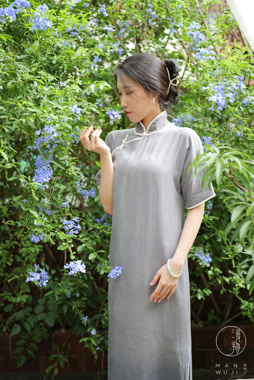 铜氨丝包边四分连袖旗袍 商品图5