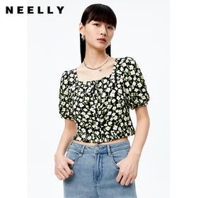 NEELLY纳俪商场同款方领单排扣衬衫女碎花雪纺衫灯笼袖短款上衣夏N22071R01172