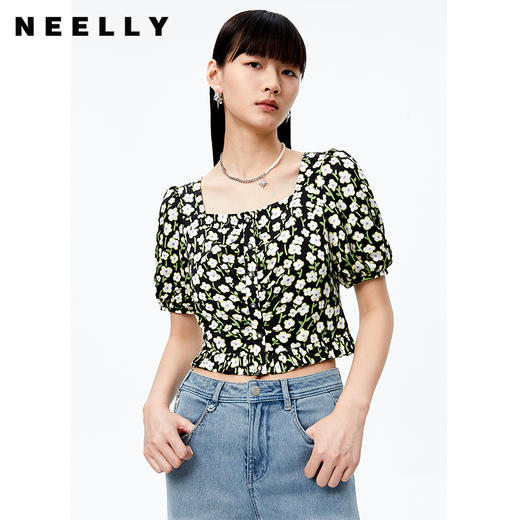 NEELLY纳俪商场同款方领单排扣衬衫女碎花雪纺衫灯笼袖短款上衣夏N22071R01172 商品图0
