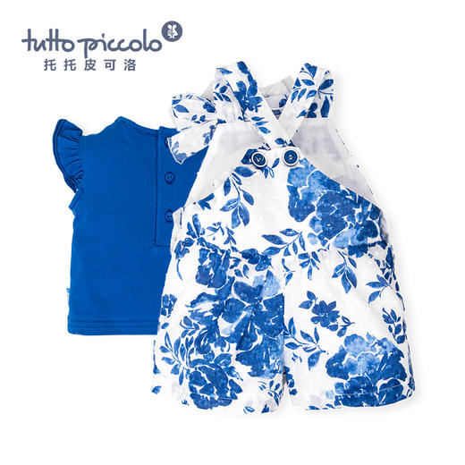 女童春夏蓝色花朵短袖套装 商品图0