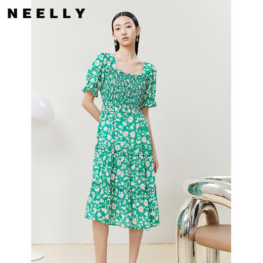 NEELLY纳俪商场同款方领打缆连衣裙女碎花夏中长款裙子大摆A字裙 商品图2