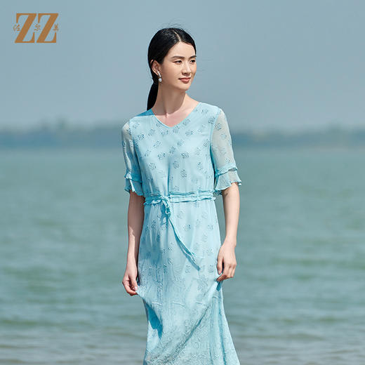 佐尔美2022夏季新款 桑蚕丝真丝乔其绣花连衣裙女E22LS94 商品图4