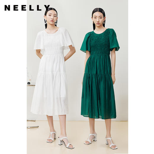 NEELLY纳俪商场同款气质白色连衣裙女松紧褶皱设计显瘦收腰A字裙 商品图2