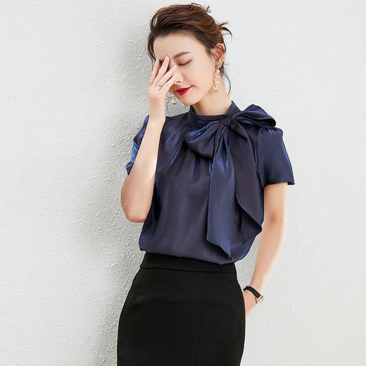 蝴蝶结长袖衬衫女上衣春夏高端洋气短袖衬衣设计感小众 商品图0