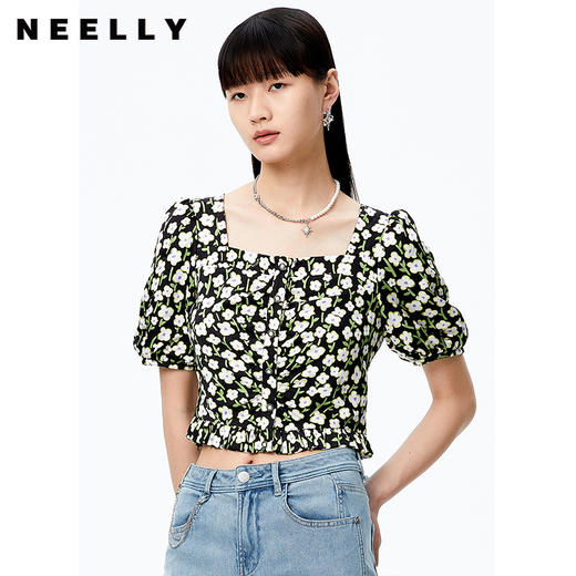 NEELLY纳俪商场同款方领单排扣衬衫女碎花雪纺衫灯笼袖短款上衣夏N22071R01172 商品图1