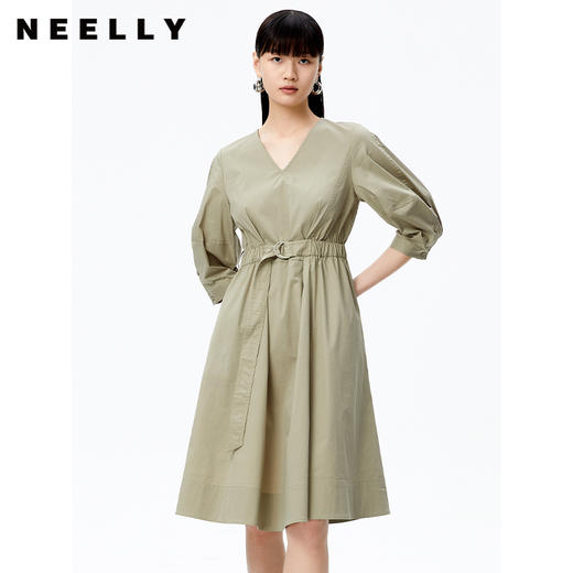 NEELLY纳俪商场同款连衣裙女气质V领七分袖收腰A字裙百搭通勤长裙N22071Y01017 商品图0