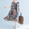 TZF-YPQJD220622新款时尚优雅气质宽松圆领短袖雪纺印花连衣裙 商品缩略图3