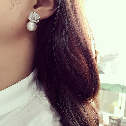 925银针微镶锆石珍珠耳钉晚宴山茶花耳环LY-A-191 商品图2