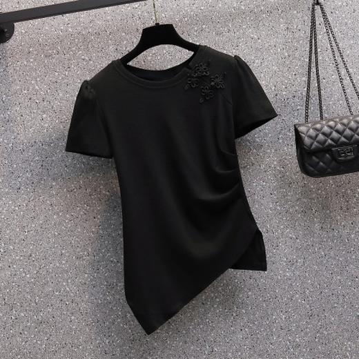 MZ802875胖mm时尚不对称上衣新款2022年夏季大码女装纯色圆领短袖T恤衫潮 商品图3