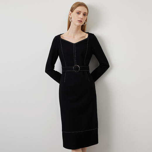 EITIE爱特爱秋季新款简洁大气桃心领收腰显瘦通勤黑色连衣裙C2207010 商品图1