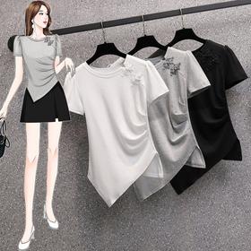 MZ802875胖mm时尚不对称上衣新款2022年夏季大码女装纯色圆领短袖T恤衫潮
