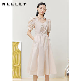 NEELLY纳俪商场同款桃心领泡泡袖连衣裙女中长款收腰a字裙夏通勤