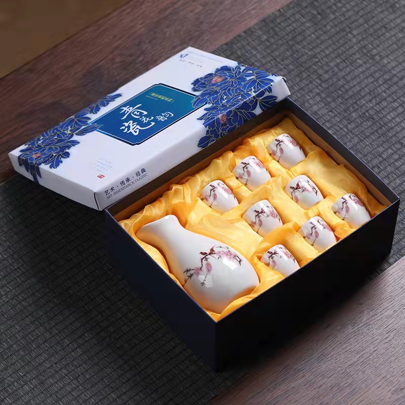 国潮桃花陶瓷白酒酒具套装