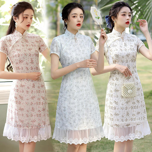 中长款雪纺印花双层旗袍 小清新少女款旗袍连衣裙JQZ-617 商品图0