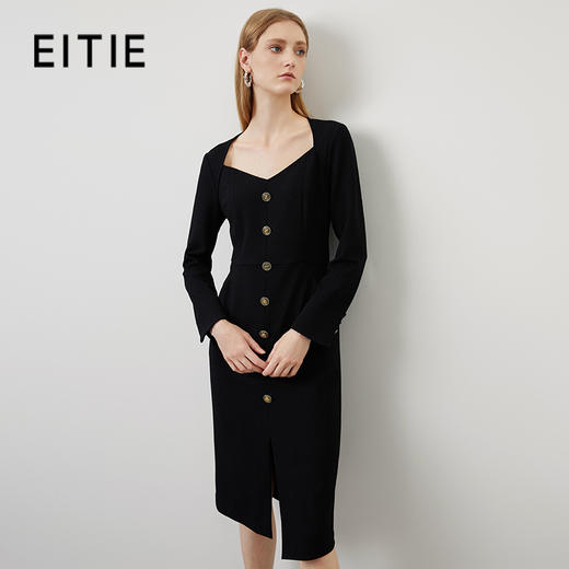 EITIE爱特爱秋季新款时尚性感大气桃心领黑色修身通勤连衣裙C2207016 商品图0