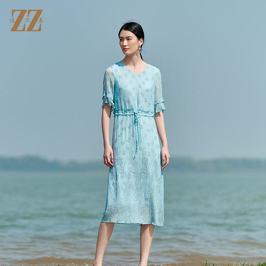佐尔美2022夏季新款 桑蚕丝真丝乔其绣花连衣裙女E22LS94 商品图0