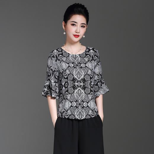 印花圆领五分袖时尚潮流不规则女士透气仿真丝T恤衫EE-EB8987F6 商品图2