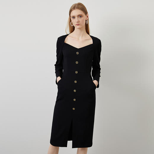 EITIE爱特爱秋季新款时尚性感大气桃心领黑色修身通勤连衣裙C2207016 商品图1