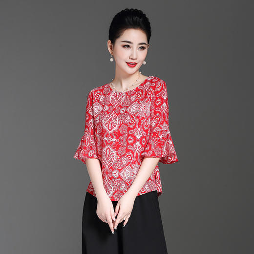 印花圆领五分袖时尚潮流不规则女士透气仿真丝T恤衫EE-EB8987F6 商品图0