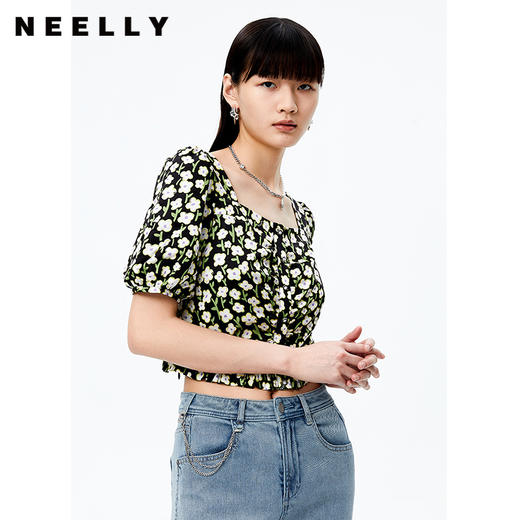 NEELLY纳俪商场同款方领单排扣衬衫女碎花雪纺衫灯笼袖短款上衣夏N22071R01172 商品图2