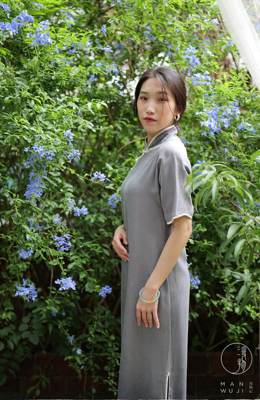 铜氨丝包边四分连袖旗袍 商品图7