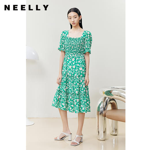 NEELLY纳俪商场同款方领打缆连衣裙女碎花夏中长款裙子大摆A字裙 商品图1