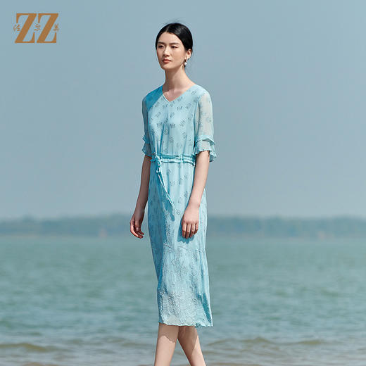 佐尔美2022夏季新款 桑蚕丝真丝乔其绣花连衣裙女E22LS94 商品图1