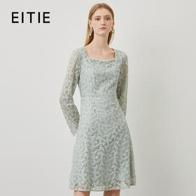 EITIE爱特爱秋季新款温柔气质方领收腰a字中裙绣花蕾丝连衣裙C2207034