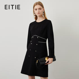 EITIE爱特爱秋季新款时尚撞色腰封设计通勤显瘦黑色连衣裙C2207012