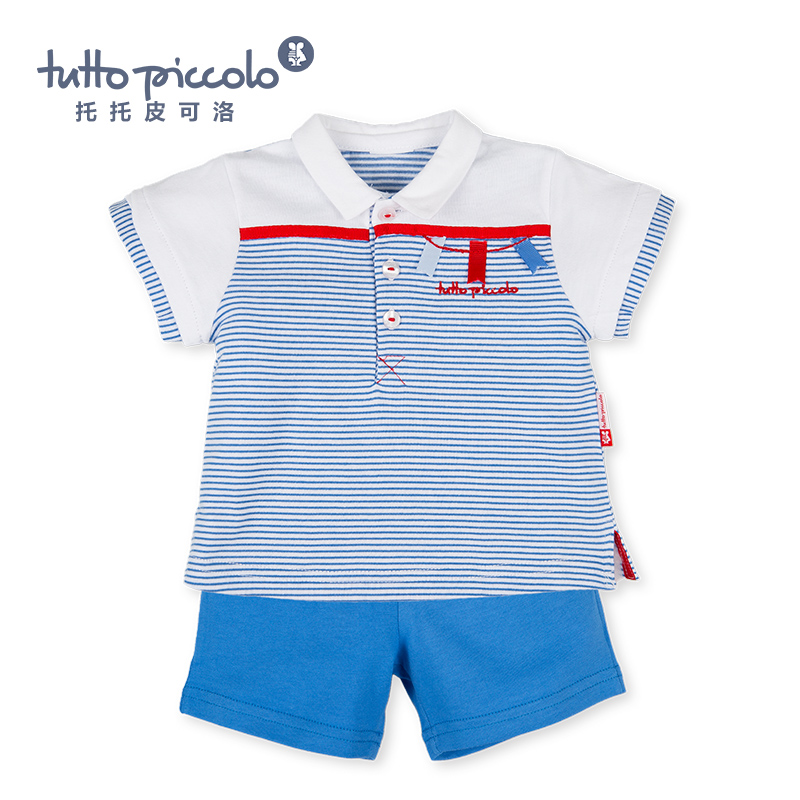 男童春夏蓝色条纹短袖套装