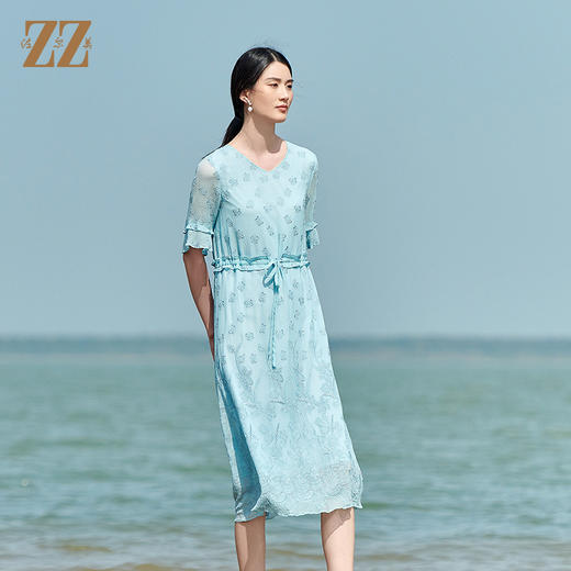 佐尔美2022夏季新款 桑蚕丝真丝乔其绣花连衣裙女E22LS94 商品图3
